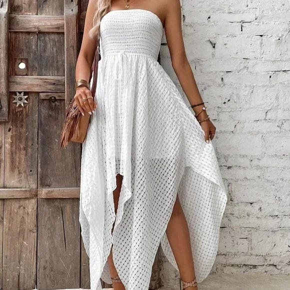 White Womens Plaid Knot Front Asymmetrical Hem Tube Dress - Picture 4 of 5